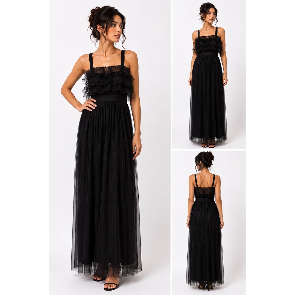 Faeriesty Black Tulle Maxi Dress Tiered Ruffle Formal Gown Size L